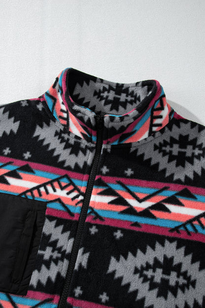 Aztec Printed Zip Up Collar Jacket | Black