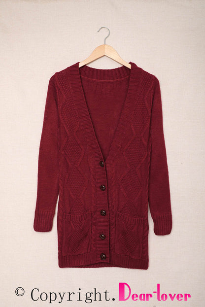 Burgundy Front Pocket And Buttons Closure Cardigan | Red