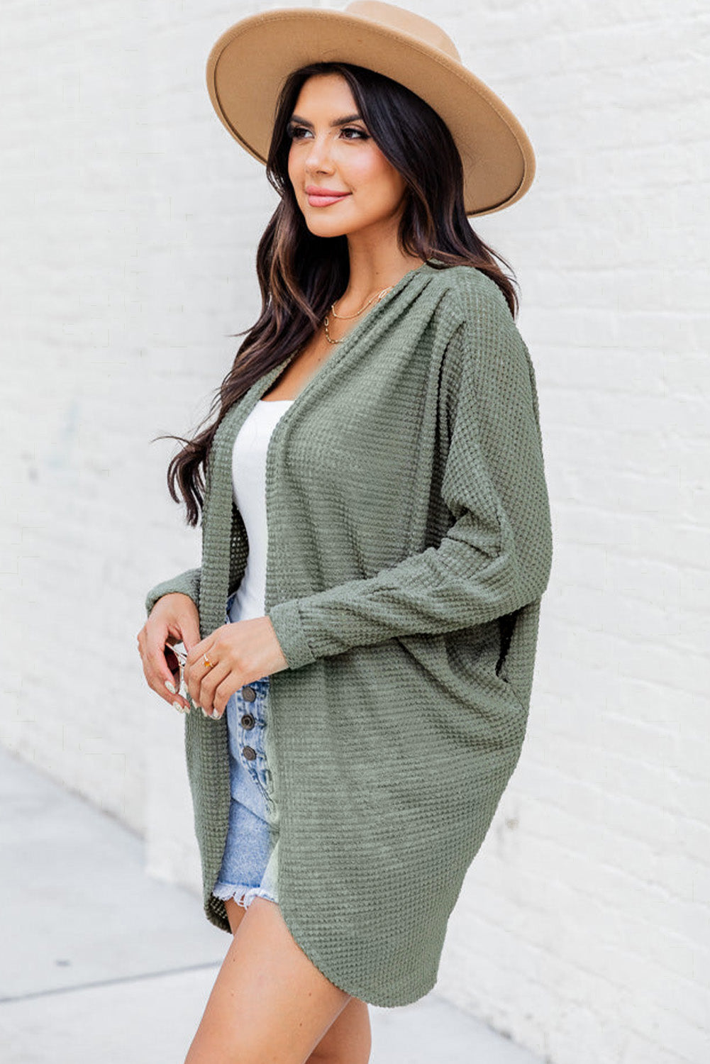 Waffle Knit Open Front Cardigan | Laurel Green