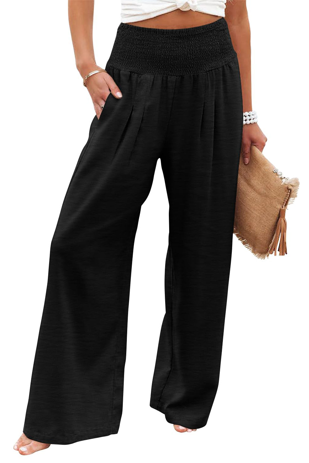 Shirred High Waist Plus Size Wide Leg Pants | Black