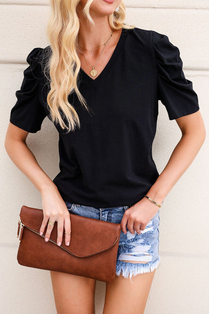 Puff Sleeve V-Neck T-Shirt | Black