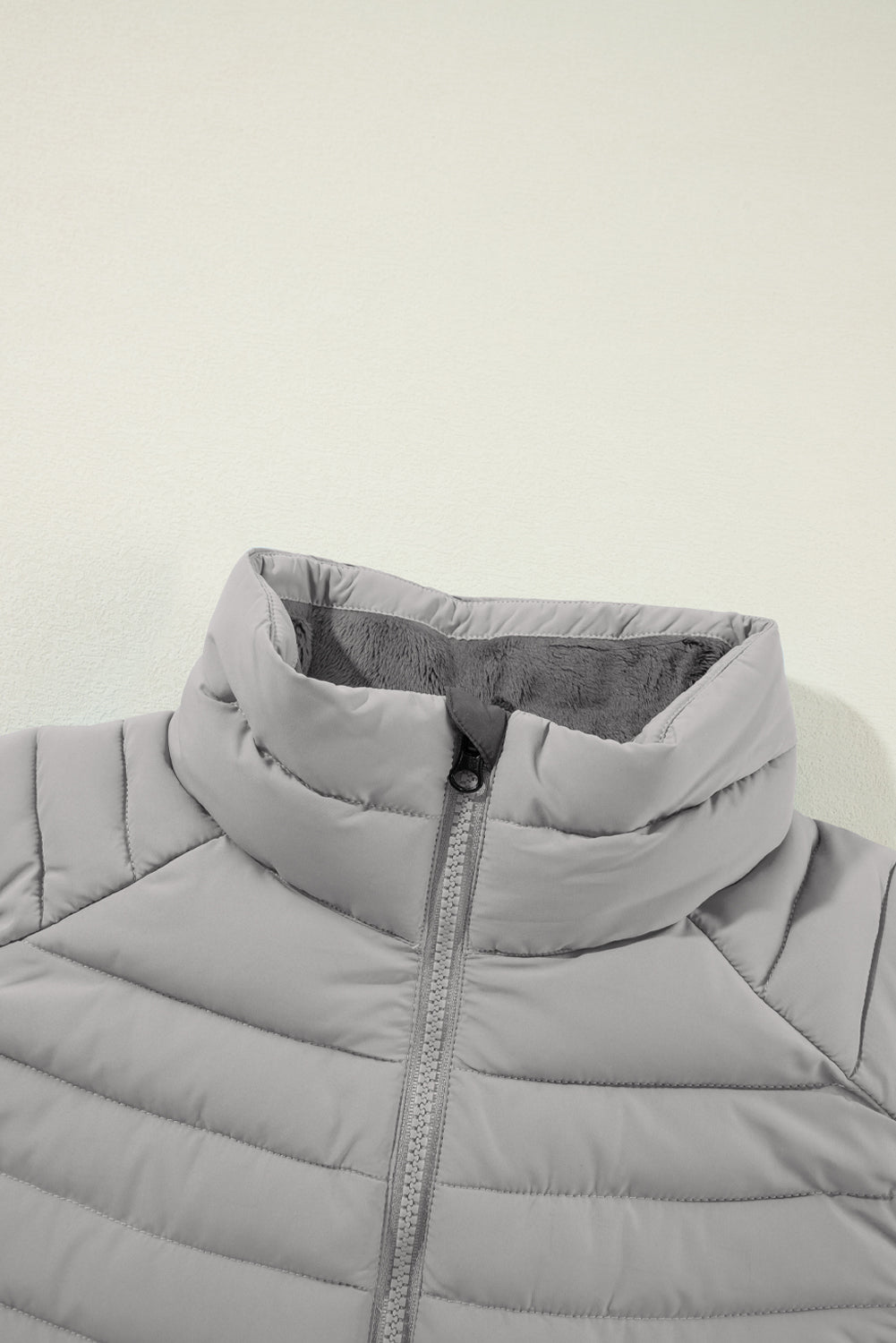 Plush Collared Quilted Zipped Puffer Vest | Silvery