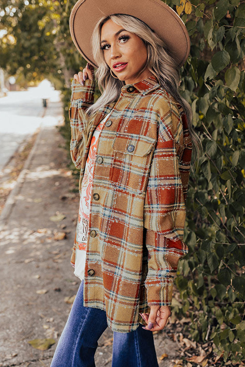 Fiery  Oversized Flap Pockets Plaid Shacket With Slits | Red