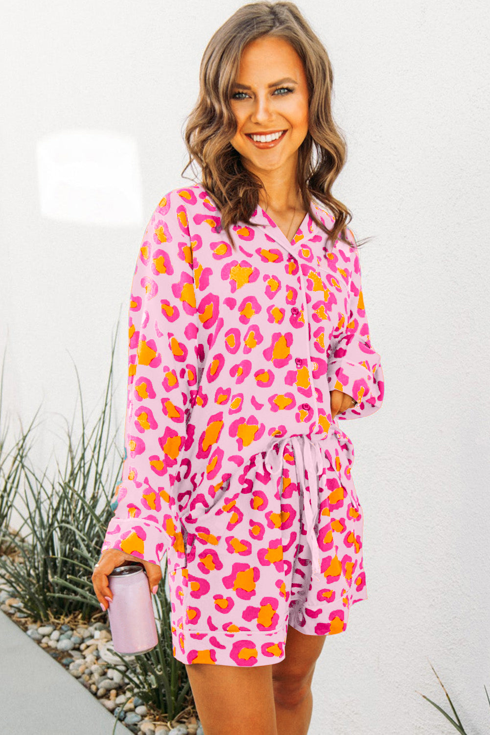 Leopard Print Long Sleeve Shirt And Shorts Pajama Set | Pink