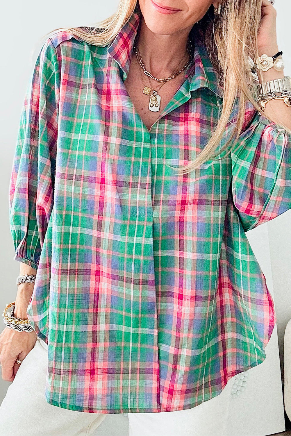 Checkered 3/4 Sleeve Collared Loose Fit Shirt | Green