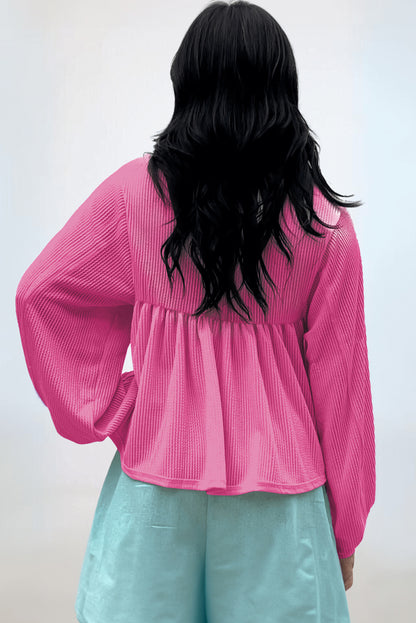 Corded Turn-Down V Neck Bubble Sleeve Babydoll Blouse | Bright Pink