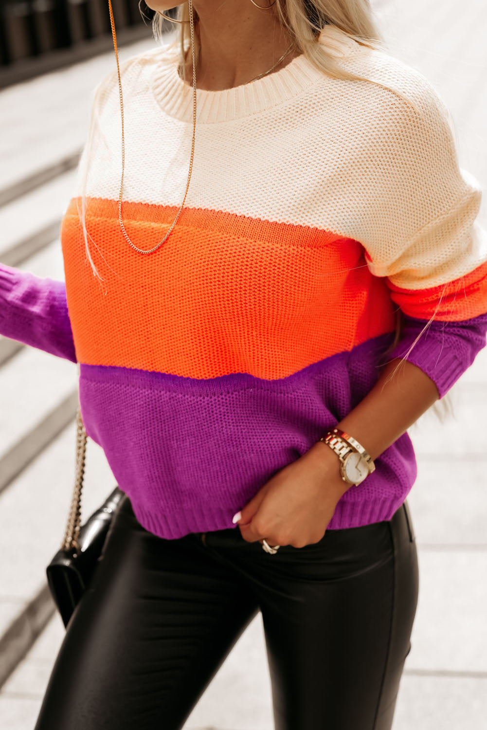 Colour Block Drop Shoulder Round Neck Knit Sweater | Multicolour