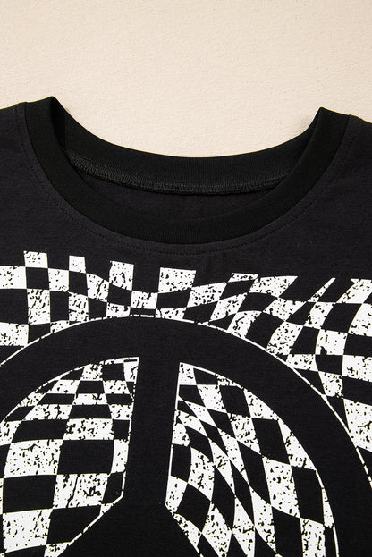 Checkerboard Peace Sign Printed Round Neck T Shirt | Black