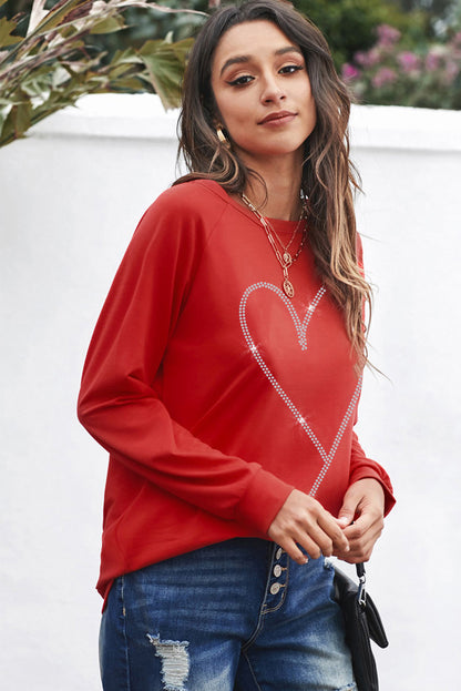 Fiery  Rhinestone Heart Shaped Long Sleeve Sweatshirt | Red