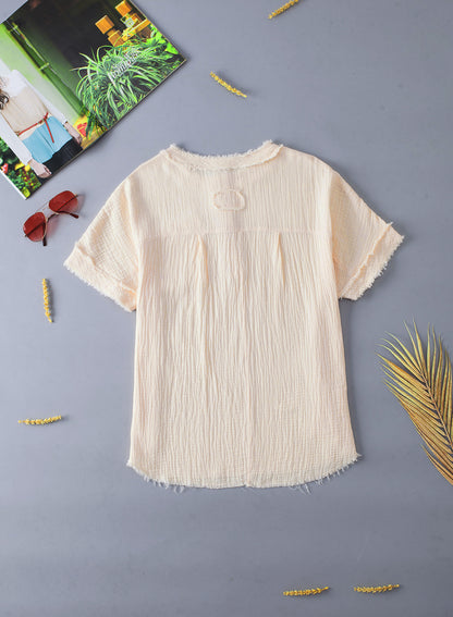 Crinkle Textured Frayed Trim Half Button Short Sleeve Top | Parchment