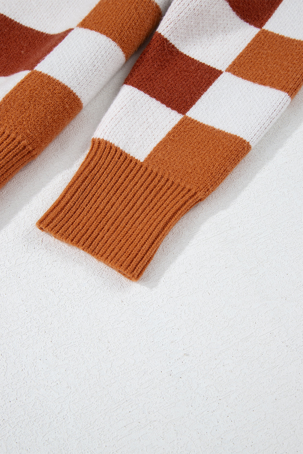 Checkered Ribbed Edge O Neck Drop Shoulder Sweater | Orange