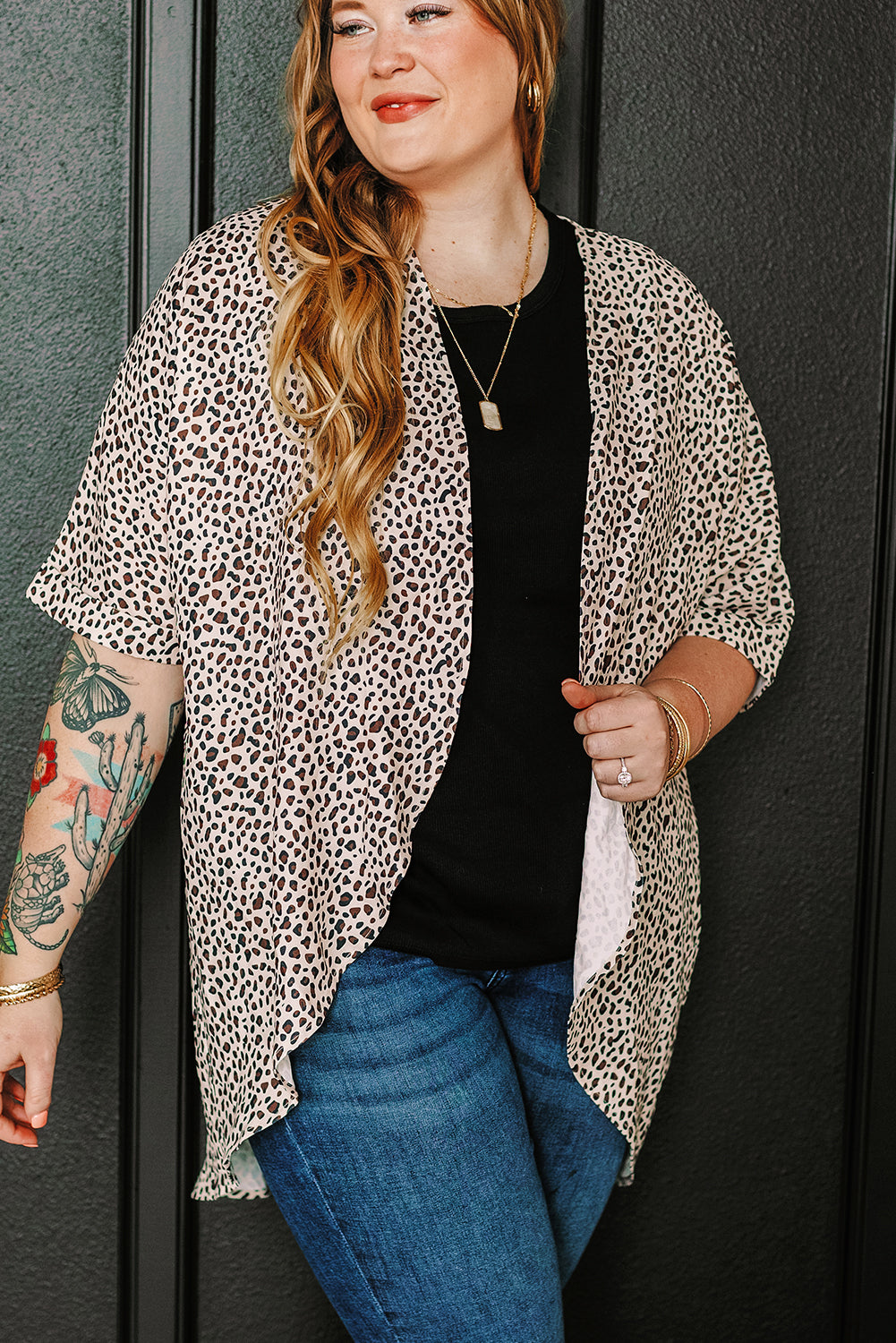 Plus Size Leopard Print Half Sleeve Open Front Cardigan | Khaki