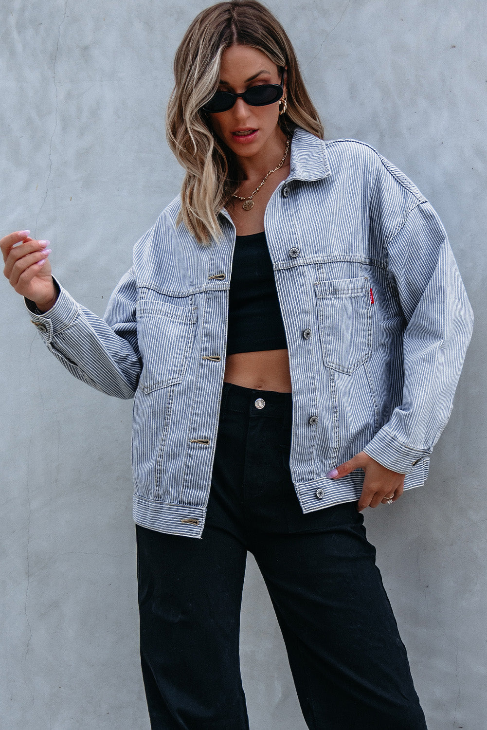 Washed Oversize Pocketed Denim Jacket | Sky Blue Stripe