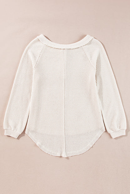 Waffle Knit Buttoned Front Raglan Sleeve Loose Blouse | Oatmeal