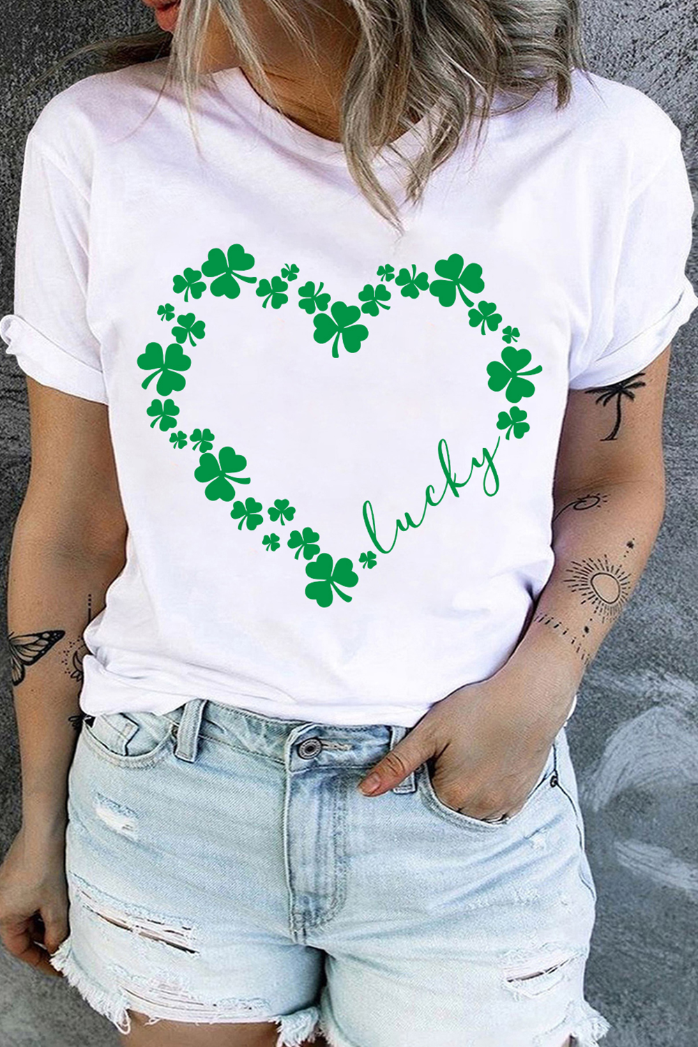 White Heart-shape Lucky Clover Graphic Plus Size T Shirt