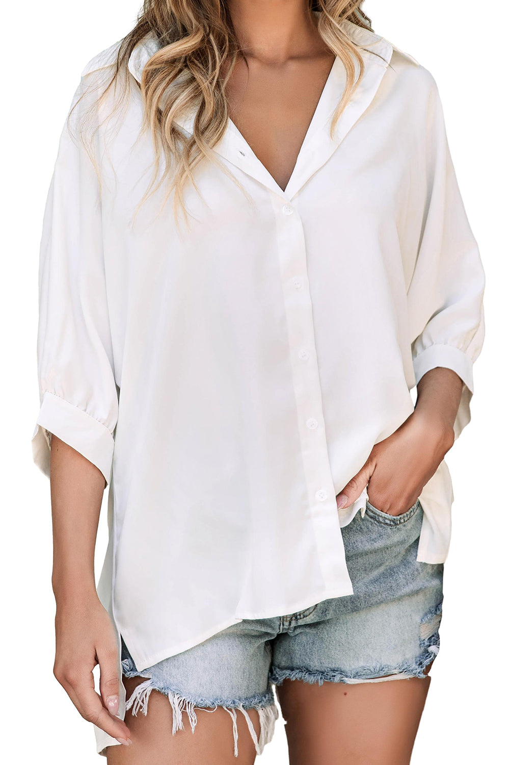 3/4 Puff Sleeve Oversize Shirt | White