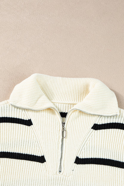 Zipped Collar Cap Sleeve Knit Top | White Stripe