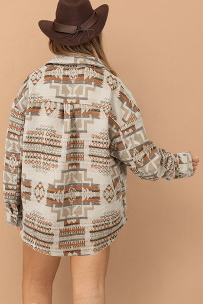 Aztec Geometric Print Pockets Plus Size Jacket | White