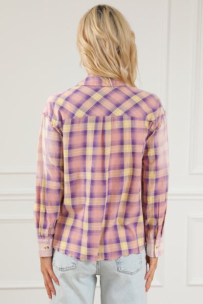 Bleached Plaid Print Exposed Seam Shirt | Purple