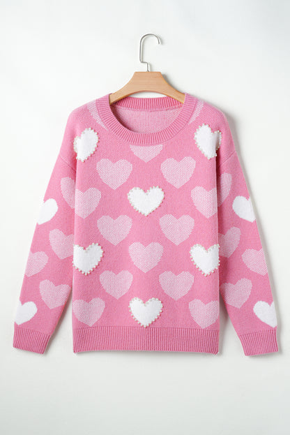 Pearled Heart Print Valentines Crew Neck Sweater | Pink