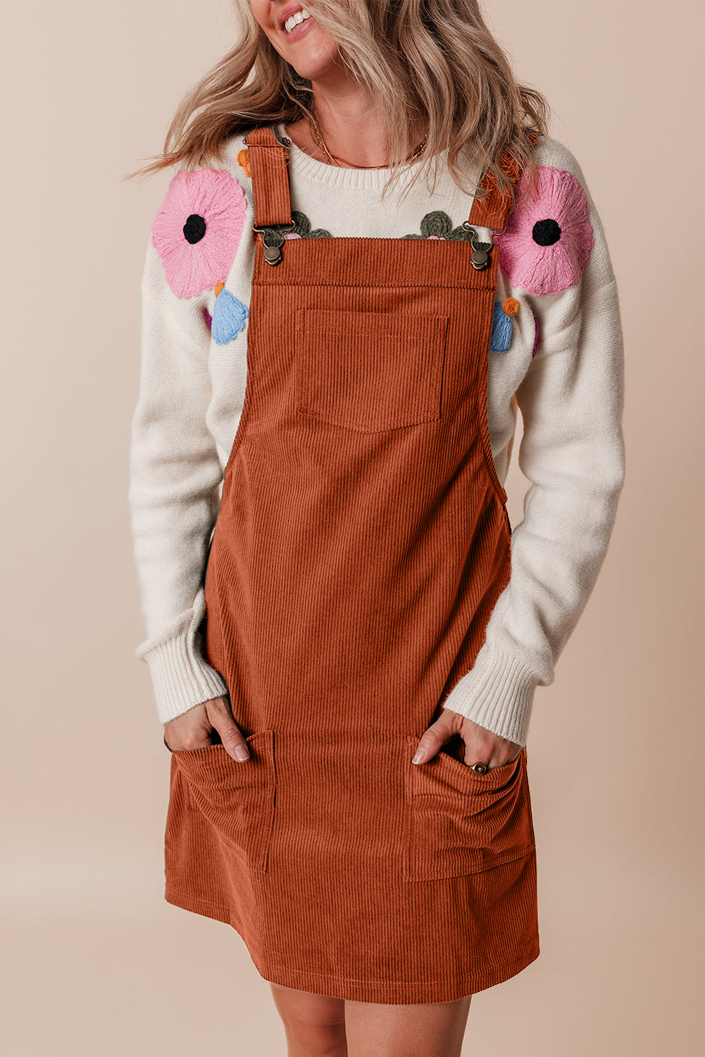 Solid Front Pockets Sleeveless Corduroy Overall Dress | Cinnamon