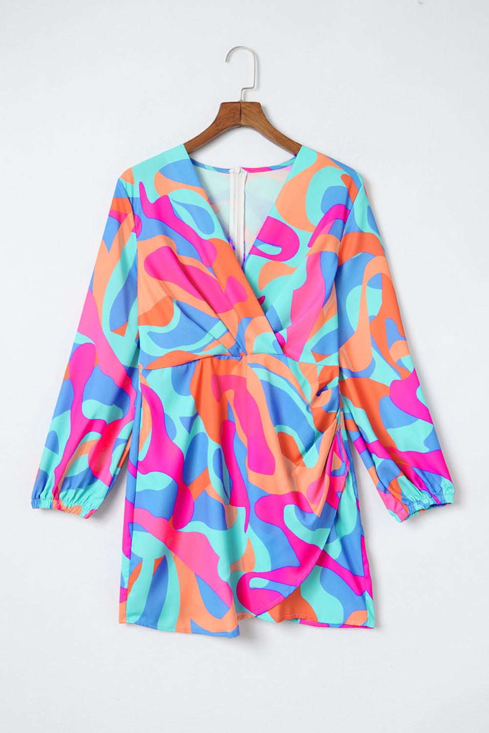 Abstract Print Wrap V Neck Puff Sleeve Dress | Multicolour