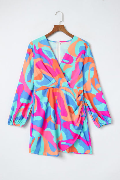 Abstract Print Wrap V Neck Puff Sleeve Dress | Multicolour