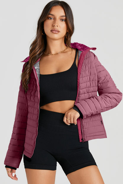 Solid Colour Quilted Zip-Up Puffer Jacket | Burgundy