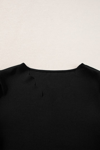 Scalloped V Neckline Petal Sleeve Top | Black