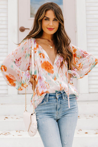 Abstract Print Split Neck Puff Sleeve Blouse | Multicolour