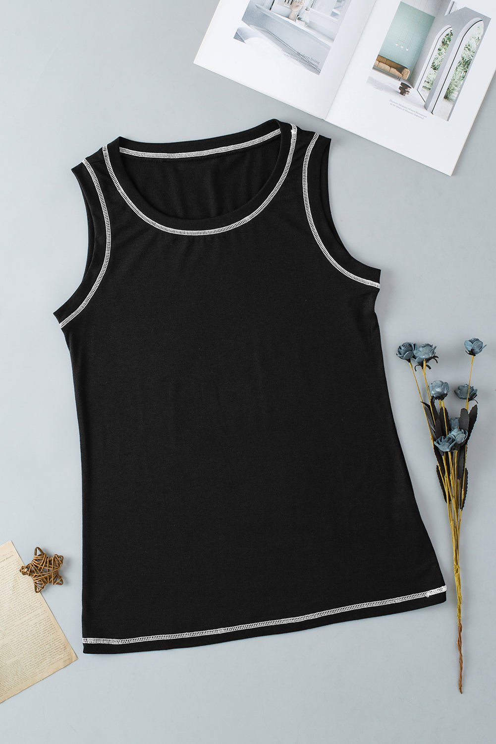 Contrast Stitch Round Neck Sleeveless Top | Black