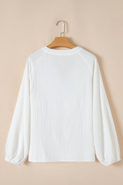 Paisley Embroidered Textured Split Neck Long Puff Sleeve Blouse | White