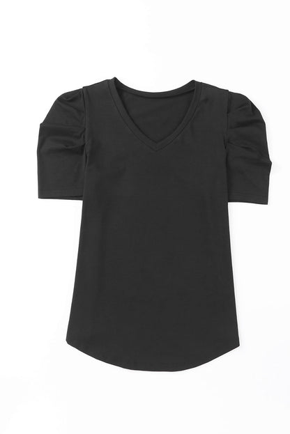 Puff Sleeve V-Neck T-Shirt | Black