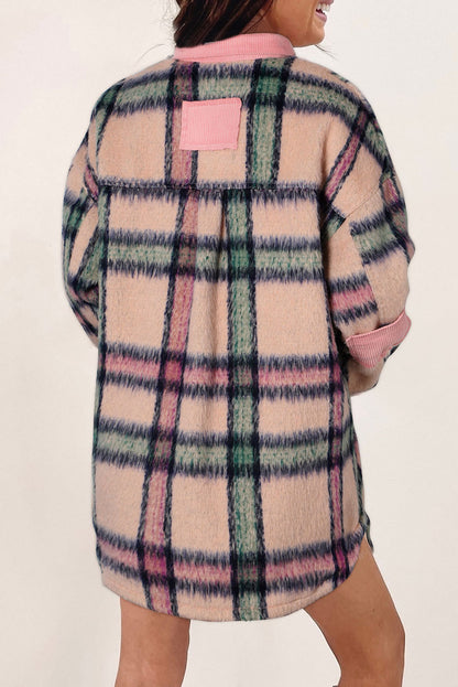 Fuzzy Plaid Corduroy Patchwork Shacket | Pink