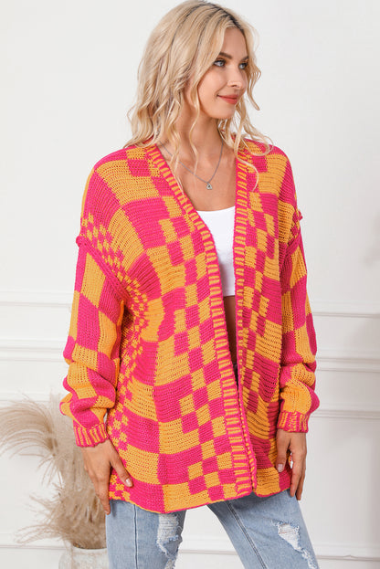 Open Front Mixed Checkered Pattern Knit Cardigan | Multicolour