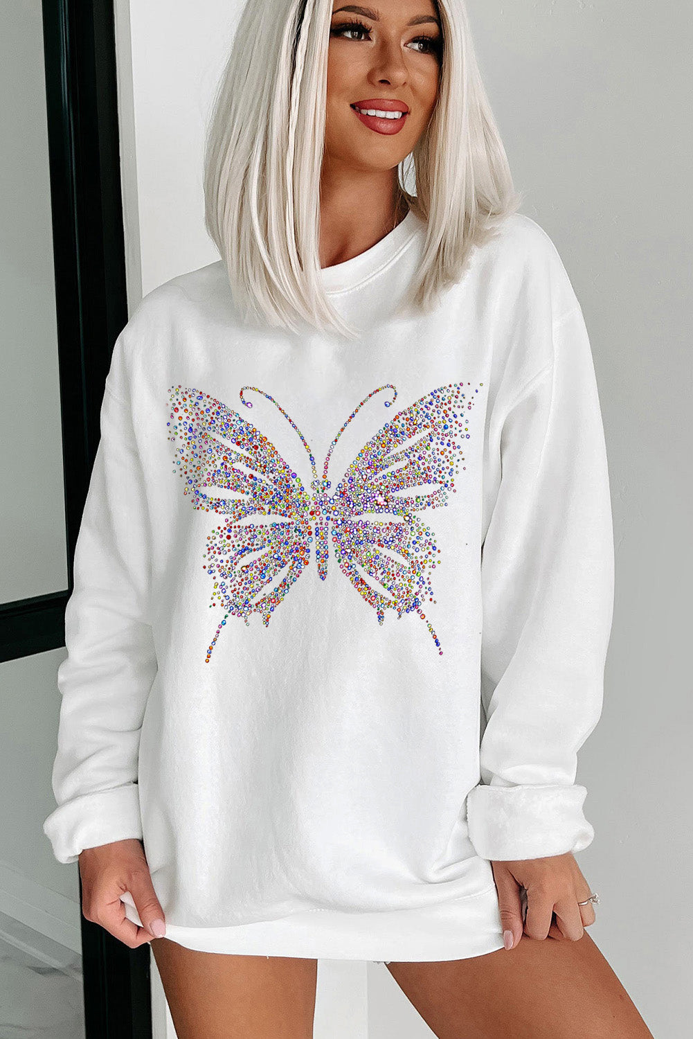 Rhinestone Butterfly Graphic Crewneck Oversized Sweatshirt | White