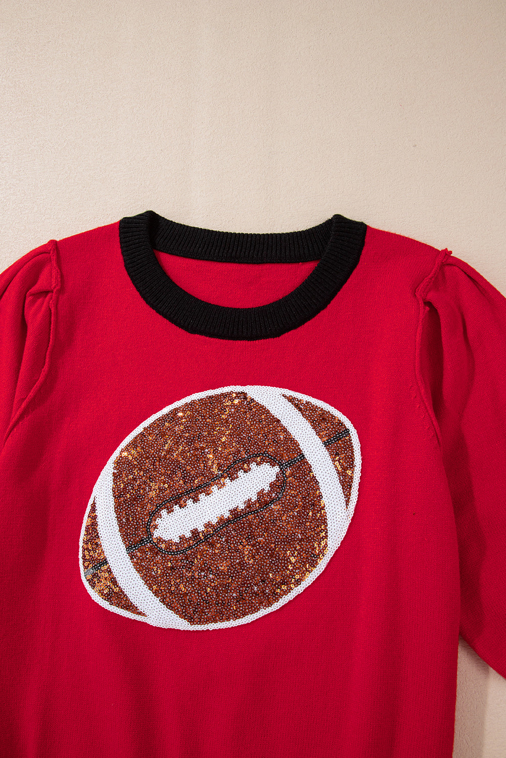 Sequin Rugby Colour Block Puff Short Sleeve Sweater | Red