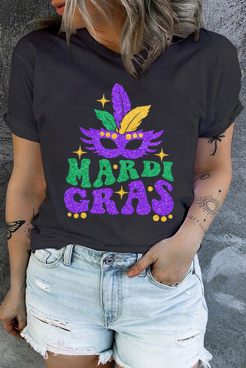 Black Mardi Gras Party Mask Printed Plus Size T Shirt