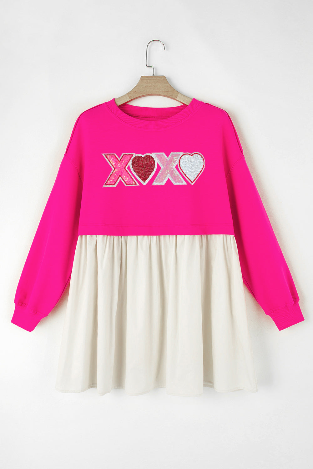 Sequin Heart Xoxo Graphic Colourblock Patchwork Hem Sweatshirt Dress | Rose Red