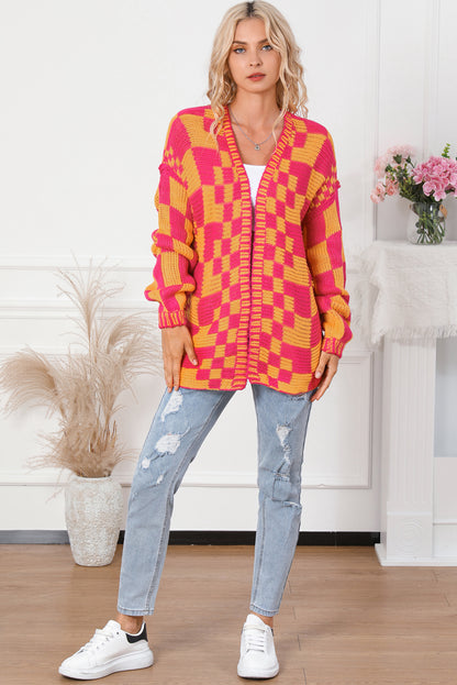 Open Front Mixed Checkered Pattern Knit Cardigan | Multicolour