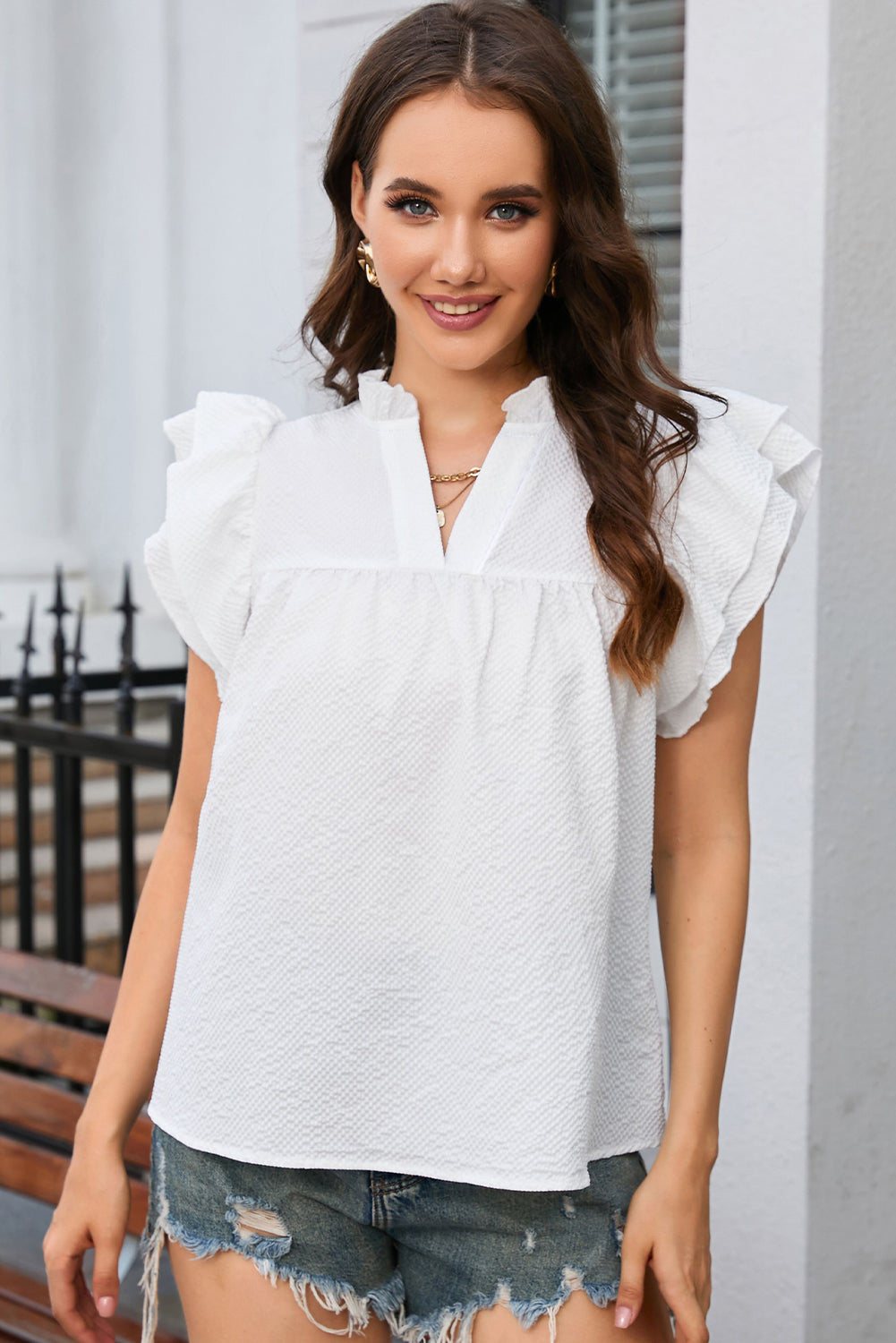 Ruffle Accent Flutter Sleeve Notch Neck Top | White