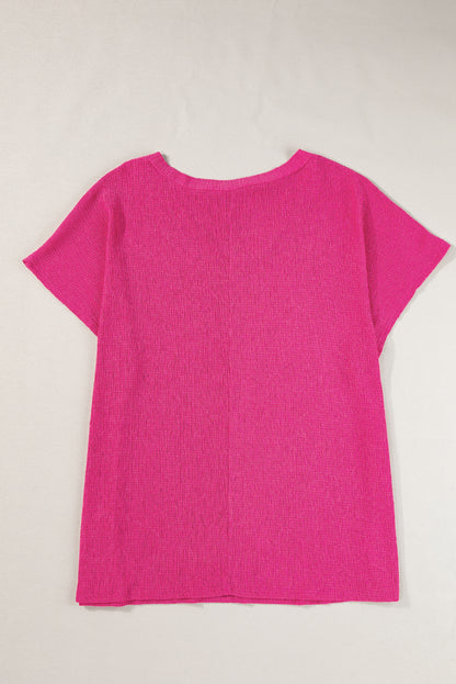 Textured V Neck Bubble Hem Plus Top | Bright Pink