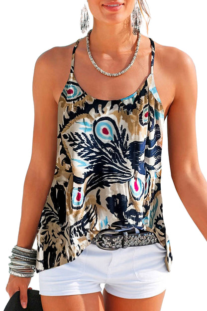 Floral Spaghetti Straps Strappy Back Tank Top | Beige