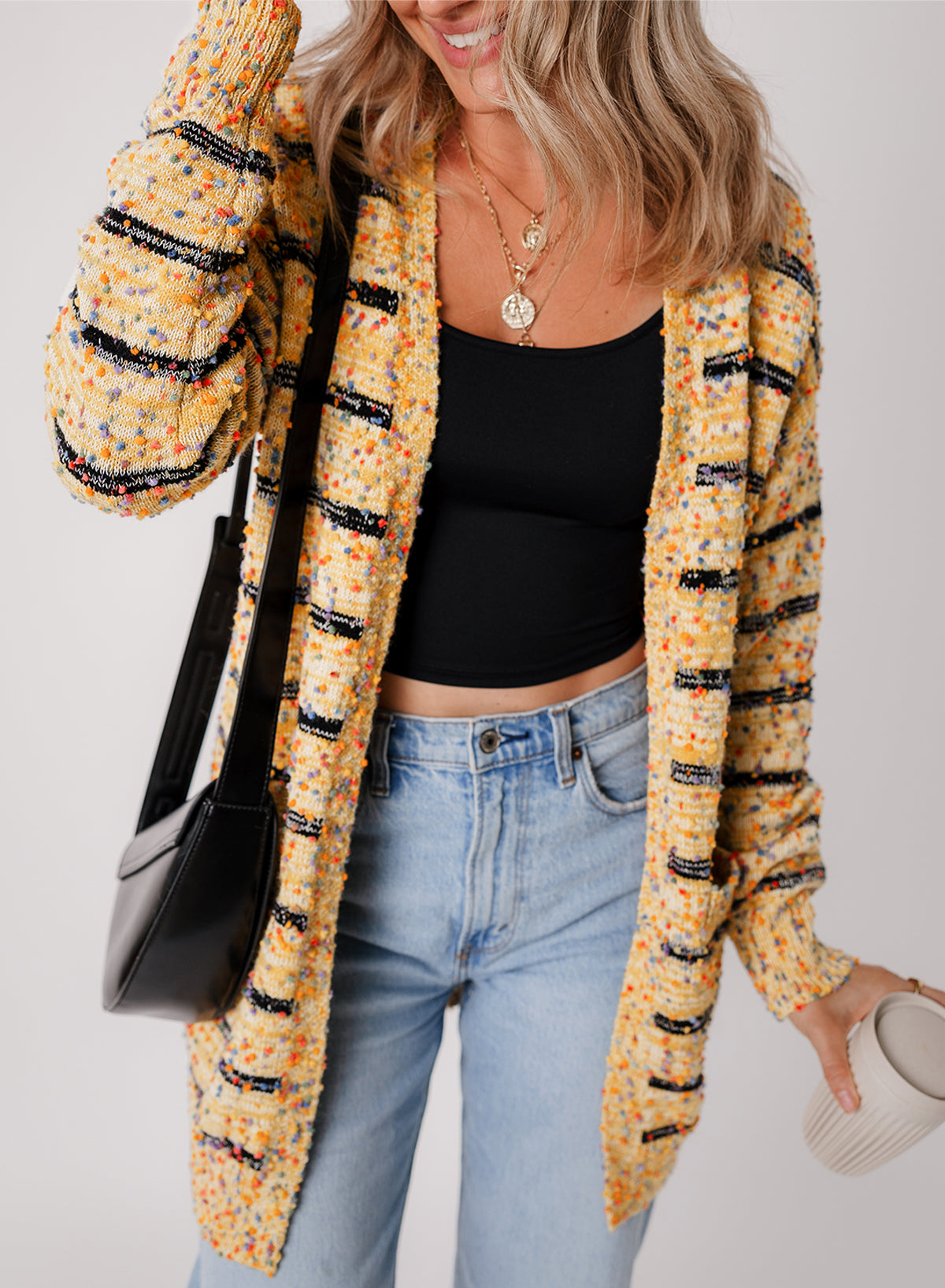 Striped Pom Pom Knit Open Front Long Cardigan | Beige