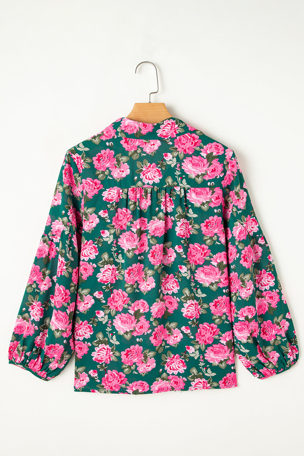 Floral Printed Tied Collar Puff Sleeve Blouse | Green