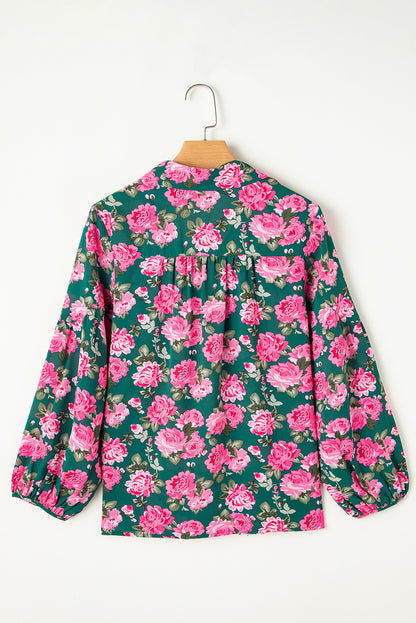 Floral Printed Tied Collar Puff Sleeve Blouse | Green