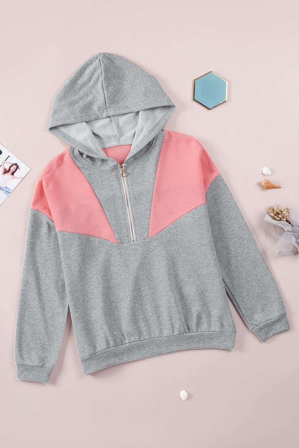 Zip Front Colourblock Pullover Hoodie | Gray