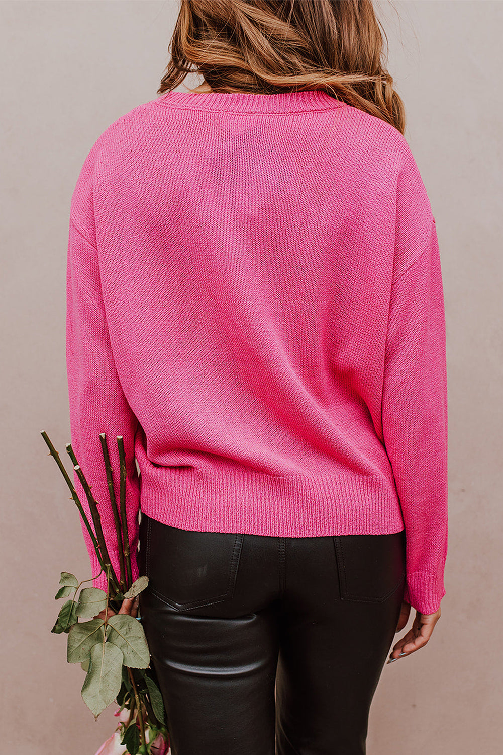 Heart Xoxo Pattern Drop Shoulder Rib Knit Sweater | Rose