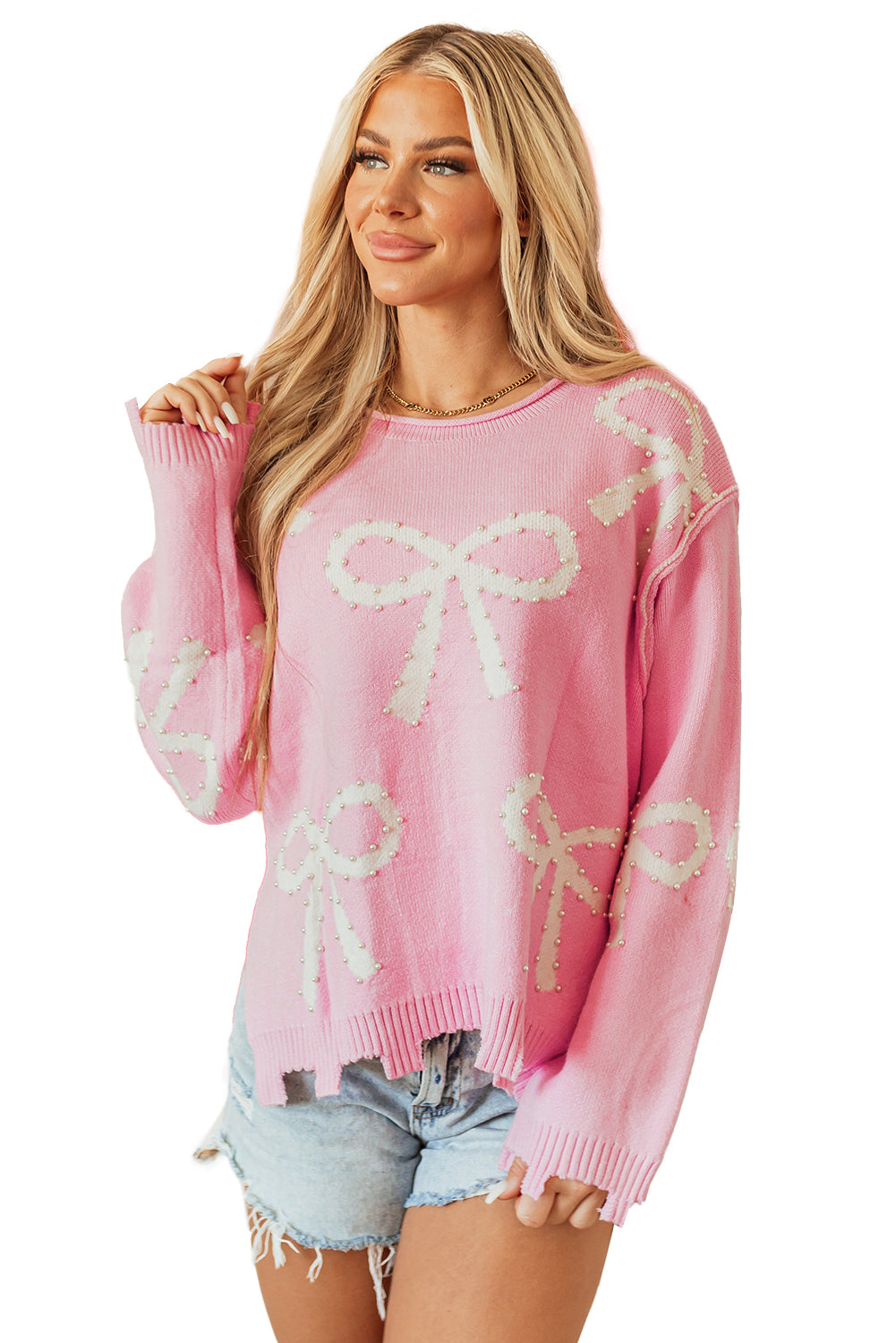 Pearl Beaded Bowknot Pattern Distressed Split Hem Sweater | Pink