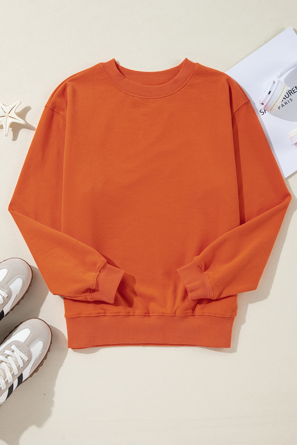 Plain Drop Shoulder Crewneck Pullover Sweatshirt | Orange